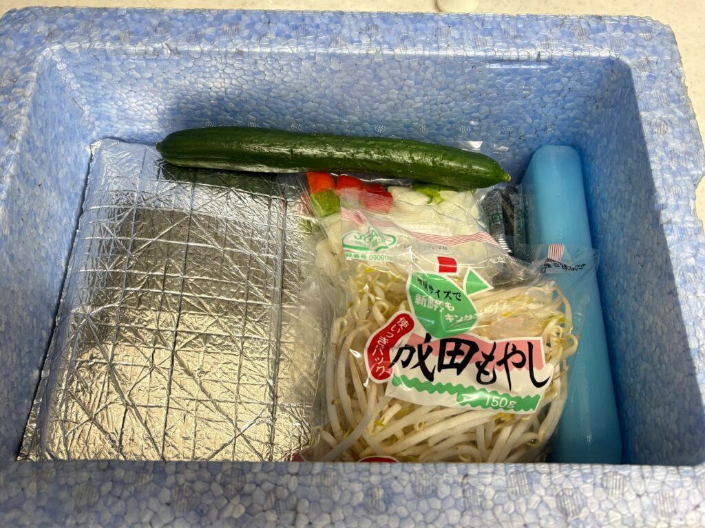 ヨシケイ 保冷ボックスの中身（野菜と保冷剤）